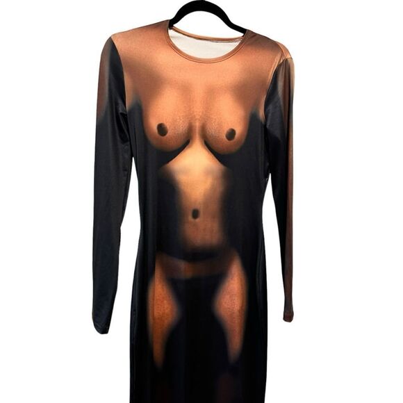 Y2K 3D Body Heat Print Long Sleeve Unique Body-Shaping Maxi Dress - Picture 6 of 9